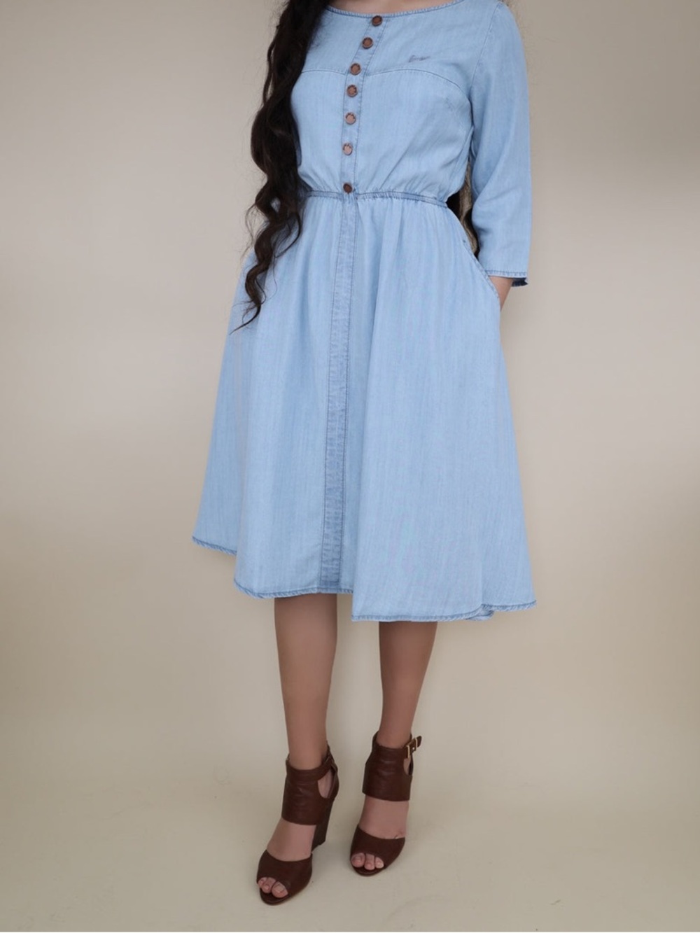 New Light Wash Denim Midi Dress with Button Front - Picture 5 of 13